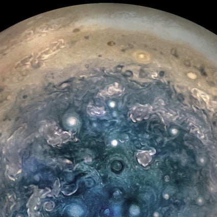 Nasa’s Juno spacecraft captures this image showing Jupiter's south pole. The oval features are cyclones, up to 600 miles (1,000 kilometres) in diameter. The cyclones are separate from Jupiter's trademark Great Red Spot, a raging hurricane-like storm south of the equator. The composite, enhanced color image was made from data on three separate orbits. Photo: Nasa