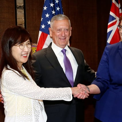 Japanese Defence Minister Tomomi Inada, US Secretary of Defence James Mattis and Australian Defence Minister Marise Payne pose before their trilateral meeting on the sidelines of the Shangri-La Dialogue in Singapore on Saturday. Photo: Reuters