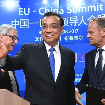 Chinese Prime Minister Li Keqiang (centre), European Commission President Jean-Claude Juncker (left) and European Council President Donald Tusk leave after addressing a press conference at the end of the EU-China summit in Brussels on Friday. Photo: AFP