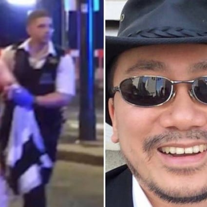 A combination of photos shows Sunday Express journalist and martial artist Geoff Ho. On the left, he is seen in a still taken from video showing him bleeding heavily from the neck, being helped by a police officer, after being stabbed by a terrorist attacker in Borough Market on Saturday night. Photos: Supplied / Facebook