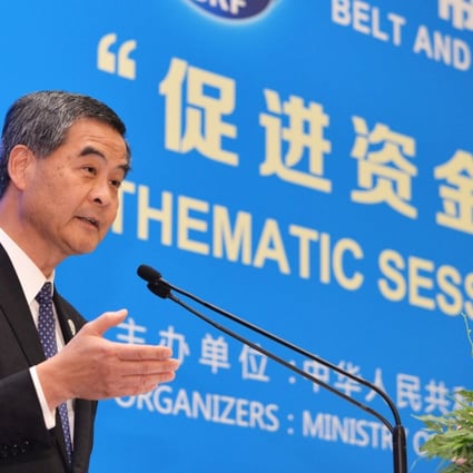 Hong Kong’s outgoing chief executive, Leung Chun-ying, addresses a session on financial connectivity at the Belt and Road Forum in Beijing on May 14. Leung has labelled Hong Kong as a “super connector” between mainland China and the world. Photo: Handout