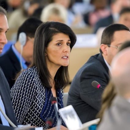 US Ambassador to the United Nations Nikki Haley, second from left, addresses a session of the UN Human Rights Council in Geneva. Photo: AFP