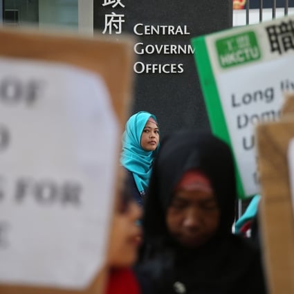 Members of the Hong Kong Federation of Asian Domestic Worker Union call for better protection of domestic workers’ rights at a rally last December. Photo: Sam Tsang