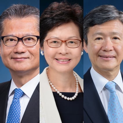 From left: Secretary for Labour and Welfare Law Chi-kwong; Financial Secretary Paul Chan; chief executive-elect Carrie Lam; Independent Commission Against Corruption Commissioner Simon Peh; and Secretary for Food and Health Sophia Chan.