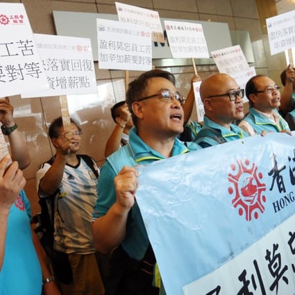 Hong Kong Federation of Railway Trade Unions members protesting at the MTR Corporation headquarters in Kowloon Bay on Wednesday. Photo: Jonathan Wong