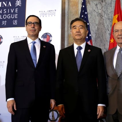 US Treasury Secretary Steve Mnuchin (left), US Commerce Secretary Wilbur Ross (right) and China's Vice-Premier Wang Yang gather before the US-China Comprehensive Economic Dialogue in Washington to discuss economic and trade issues. Photo: Reuters