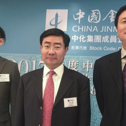 From left: Jinmao’s head of investor relations Sebastian Cheng, chief executive Li Congrui and chief financial officer Jiang Nan at the company’s interim results briefing on Tuesday. Photo: SCMP