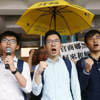 Activists (from left) Joshua Wong, Nathan Law and Alex Chow outside court on Wednesday. Photo: Dickson Lee