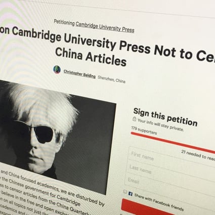 Scholars are urging Cambridge University Press to restore more than 300 politically sensitive articles it removed from its website after pressure from China. Photo: Handout