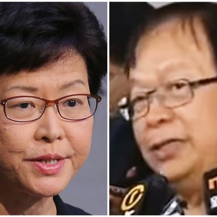 Alex Chow’s father (right) called a radio show to respond to remarks by Chief Executive Carrie Lam (left). Photo: Handout