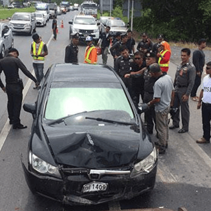 The damaged car being used to smuggle 88 pangolins after it crashed into two other vehicles waiting at traffic lightsin the Kanchanadit district of Surat Thani. Photo: Supapong Chaolan/Bangkok Post