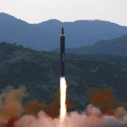 A North Korean "Hwasong-12” ballistic missile. Japan’s Defence Minster Itsunori Onodera said that Tuesday’s missile did not fly on a highly “lofted” trajectory and could be the same type as intermediate-range missile Hwasong-12, which Pyongyang fired on May 14. File photo: AP