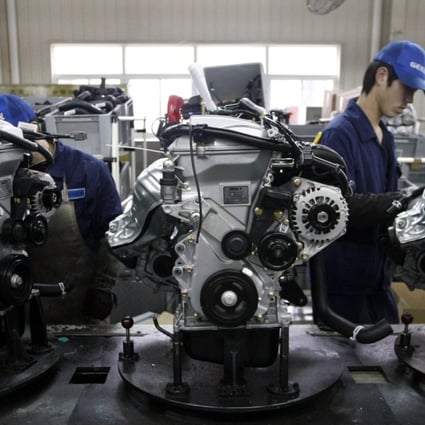 Employees weld engines on the assembly line of Zhejiang Geely Holding Group in Hangzhou, Zhejiang province March 30, 2010. Zhejiang Geely Holding Group, China's largest private-run car maker, agreed on Sunday to buy Ford Motor's Volvo car unit for $1.8 billion, the country's biggest overseas auto purchase. REUTERS/Steven Shi (CHINA - Tags: TRANSPORT BUSINESS) CHINA OUT. NO COMMERCIAL OR EDITORIAL SALES IN CHINA