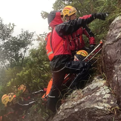 Rescue team members carry the injured woman up Kowloon Peak. Photo: Handout