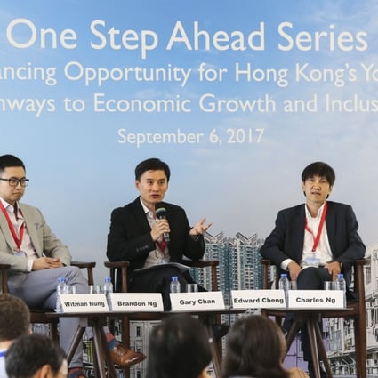 From left to right: principal liaison officer for Hong Kong, Shenzhen Qianhai Authority, Witman Hung; co-founder and chief executive officer at Ampd Energy, Brandon Ng; director, Entrepreneurship Centre, Hong Kong University of Science and Technology, Gary Chan; founder and chairman at EGI Technologies, Edward Cheng; and associate director-general of investment promotion at InvestHK, Charles Ng, speak at the forum on innovation and entrepreneurship. Photo: Dickson Lee