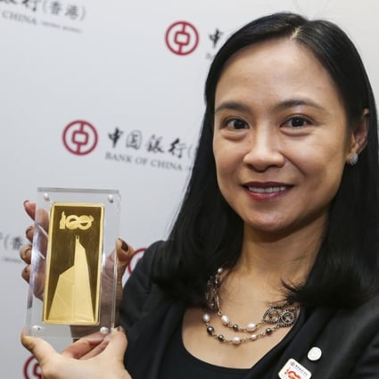 An image of the Bank of China Tower, designed by renowned architect I.M. Pei, is engraved on the commemorative 1 kilo gold bars to mark Bank of China Hong Kong’s 100th anniversary. The bank’s head of treasury product division Winnie Cheung Wing-sze. Photo: David Wong