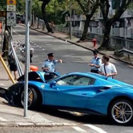 The blue Ferrari 488 hit three signs in Aberdeen on Thursday afternoon. Photo: Facebook