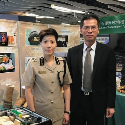 Louise Ho Pui-shan (left), assistant commissioner of the Customs and Excise Department and Simon Chan Kin-fung, the Agriculture, Fisheries and Conservation Department’s assistant director. Photo: Christy Leung