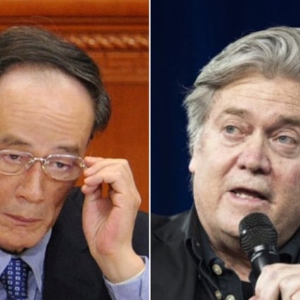 Wang Qishan (left) and Steve Bannon are said to have met for 90 minutes at the Communist Party’s headquarters in Beijing last week. Photo: AFP