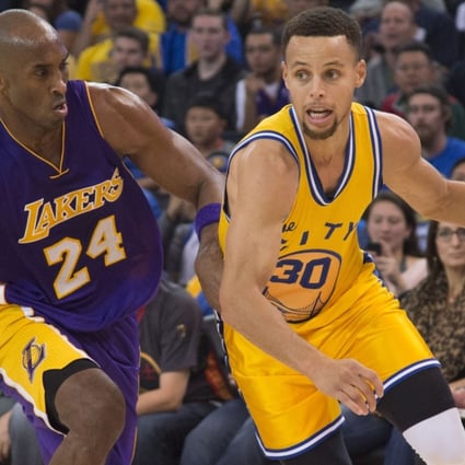 Golden State Warriors guard Stephen Curry dribbles past Los Angeles Lakers forward Kobe Bryant, but it is Bryant who still rules in China. Photo: USA TODAY Sports