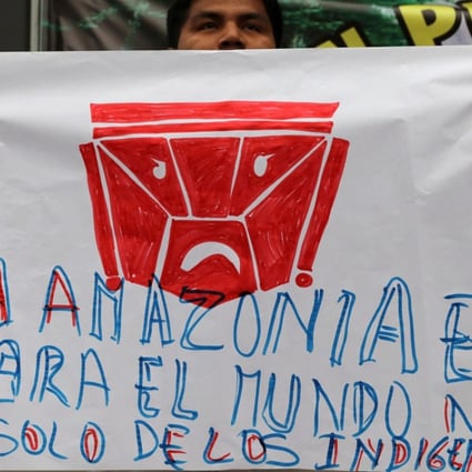 A protester holds a sign that reads “The Amazon is for the world, not only for the indigenous”. Photo: Reuters