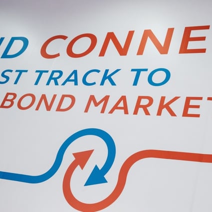 A sign promotes the China-Hong Kong Bond Connect at the Hong Kong Stock Exchange. Holdings of all forms of Chinese bonds held by offshore investors rose by 38.7 billion yuan (US$5.88 billion) in September to 896 billion yuan. Photo: Bloomberg
