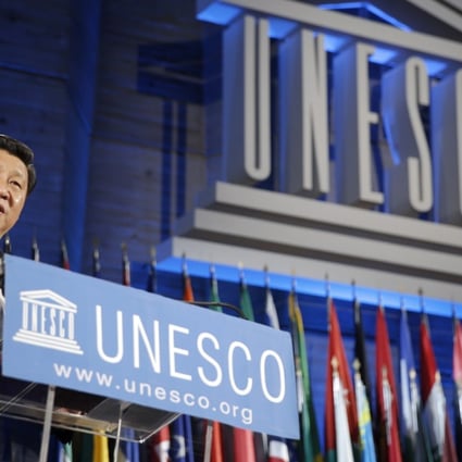 President Xi Jinping delivers a speech at the Unesco headquarters in Paris in 2014. His wife, Peng Liyuan, is a special envoy for Unesco’s campaign for girls’ and women’s education. Photo: AFP