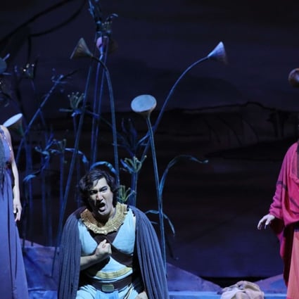 Soprano Kristin Lewis (left) as Aida, tenor Najimiddin Mavlyanov (centre) as Radames, and Sun Li (baritone) as Amonasro in a scene from Act 3 of Opera Hong Kong’s production of Verdi’s Aida. Photo; Opera Hong Kong