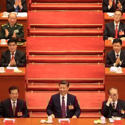 Chinese President Xi Jinping beside Chairman of the Standing Committee of the National People's Congress Zhang Dejiang, former Chinese President Hu Jintao, former President Jiang Zemin and Chinese Premier Li Keqiang during the opening of the 19th National Congress of the Communist Party of China at the Great Hall of the People in Beijing, China on October 18, 2017. Photo: Reuters