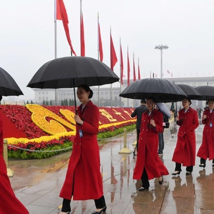 Women attendants walk in Tiananmen Square as they wait for delegates during the opening ceremony of the 19th Communist Party Congress in Beijing on October 18, 2017. An attempt by the country’s state media to gloat over the Harvey Winstein sex abuse case backfires. Photo: Agence France-Presse