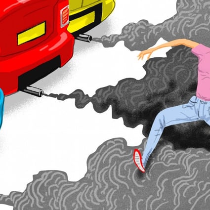 Pedestrians in Hong Kong are often forced to walk on the road. This is not only unsafe but increases proximity to exhaust emissions while contributing to impaired traffic flow, which in turn increases emissions. Illustration: Craig Stephens