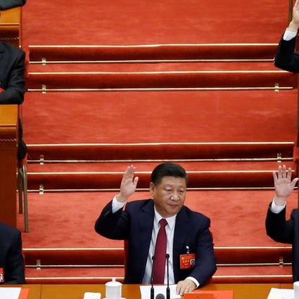 (L to R) Hu Jintao, Xi Jinping and Jiang Zemin at the closing session of the 19th National Congress. Photo: REUTERS
