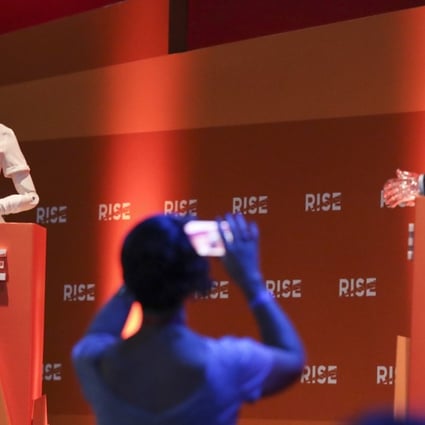 Two robots debate the future of humanity at the Rise conference at the Hong Kong Convention and Exhibition Centre in Wan Chai. Photo: Nora Tam