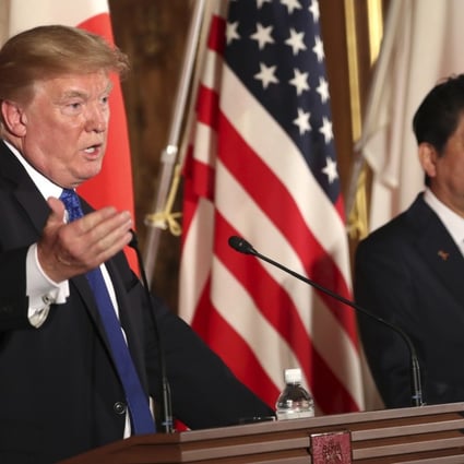 US President Donald Trump and Japanese Prime Minister Shinzo Abe hold a joint news conference in Tokyo. Photo: AP