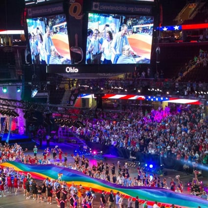 Competitors file into the Quicken Loans Arena in Cleveland, Ohio for the opening ceremony of the Gay Games 2014. Photo: Alamy