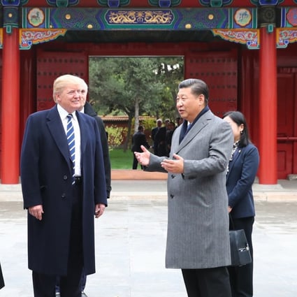 Chinese President Xi Jinping (second from right) and his wife Peng Liyuan (right) welcome US President Donald Trump and his wife Melania to the Forbidden City in Beijing on Wednesday. Photo: Xinhua