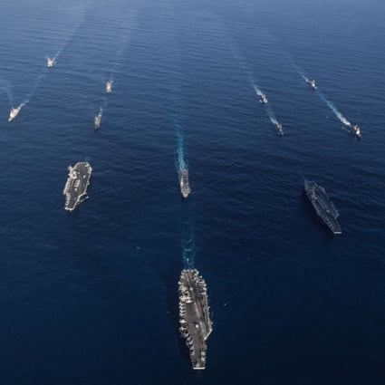 The USS Ronald Reagan, USS Theodore Roosevelt and USS Nimitz Strike Groups in the Western Pacific with ships from the Japanese Maritime Self-Defence Force. Photo: Reuters