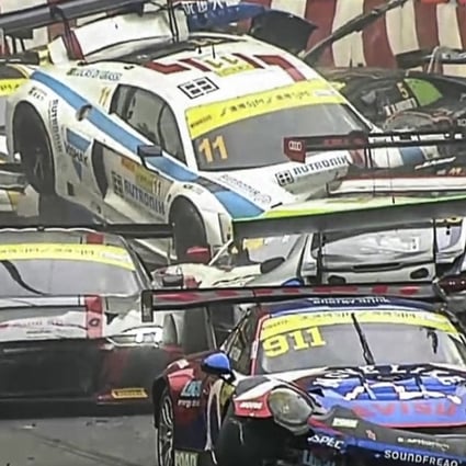 A television broadcast image of the pile-up. Photo: Macau Grand Prix channel