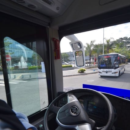 Four self-driving buses began trial operation Saturday in Shenzhen, a city known for its high concentration of hi-tech companies. The smart buses, which are smaller than an ordinary bus, began running on a 1.2-kilometre route with three stops in the bonded zone of Futian. Photo: Xinhua