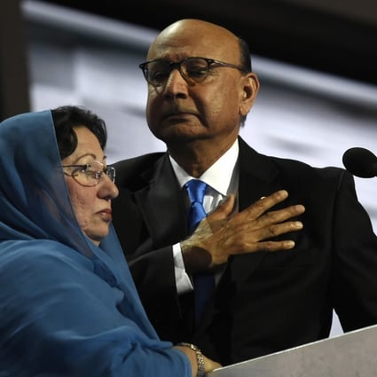 Khizr Khan addresses the Democratic National Convention in Philadelphia with his wife, Ghazala, in 2016. Photo: The Washington Post