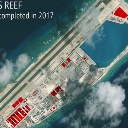 A satellite image from the Asia Maritime Transparency Initiative in the US showing Chinese construction work on Fiery Cross Reef in the disputed Spratly Islands chain in the South China Sea. Photo: AP