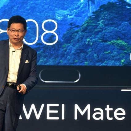 Richard Yu, CEO of Huawei’s Consumer Business Group, presents the new Huawei Mate 10 high-end phone in Munich, Germany, on October 16, 2017. Now the Chinese firm has to find a new US carrier to partner with. Photo: AFP