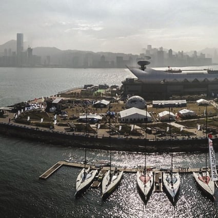 A panoramic view of the Volvo Ocean Race yachts docked at the Kai Tak Runway Park in Kowloon City. Photo: Roy Issa