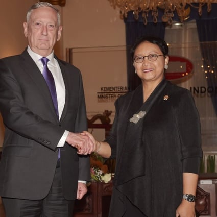 US Defence Secretary James Mattis shakes hands with Indonesian Foreign Minister Retno Marsudi during his visit to Indonesia. Mattis backed the country renaming waters north of the Natuna islands in the area, a move that may irritate Chine. Photo: AFP