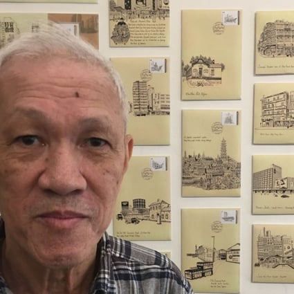Lok Ka-chung at the Green Wave Art gallery in Yau Ma Tei, which is showing highlights of his thousands of detailed sketches, all drawn on envelopes.