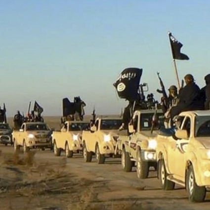 In this undated file photo released by a militant website, militants of the Islamic State group hold up their weapons and wave its flagsin a convoy to Iraq, in Raqqa, Syria. Photo: AP