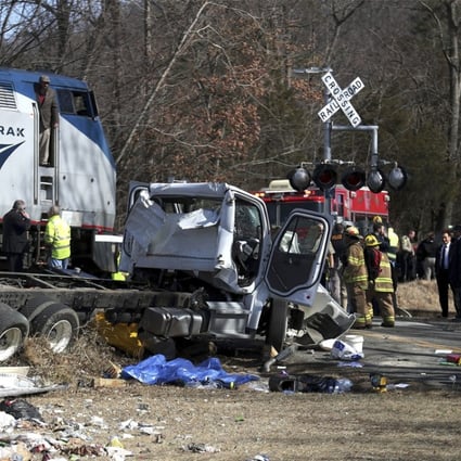 This was the scene after a train carrying Republican lawmakers to a retreat struck a garbage truck in Virginia on Wednesday, None of the lawmakers were seriously injured but a passenger in the truck was killed, authorities said. Photo: The Daily Progress via AP