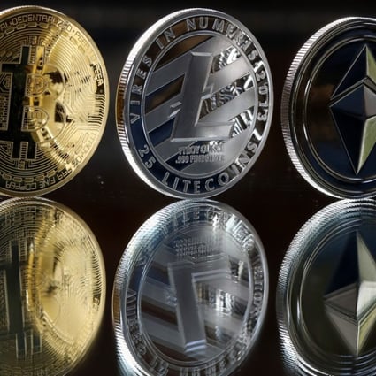 A bitcoin token (left) a litecoin token (centre) and an ethereum token seen in this arranged photograph. Photo: Bloomberg
