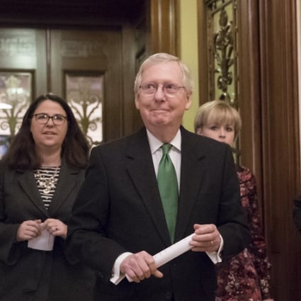 Senate Majority Leader Mitch McConnell (Republican, Kentucky) leaves the chamber after announcing an agreement in the Senate on a two-year, almost $400 billion budget deal that would provide Pentagon and domestic programmes with huge spending increases on Wednesday. Photo: AP