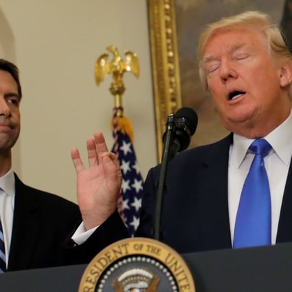 Senator Tom Cotton (left) introduced the bill together with Senator Marco Rubio. The administration of US President Donald Trump (right) has taken a harder line on policies towards China. Photo: Reuters